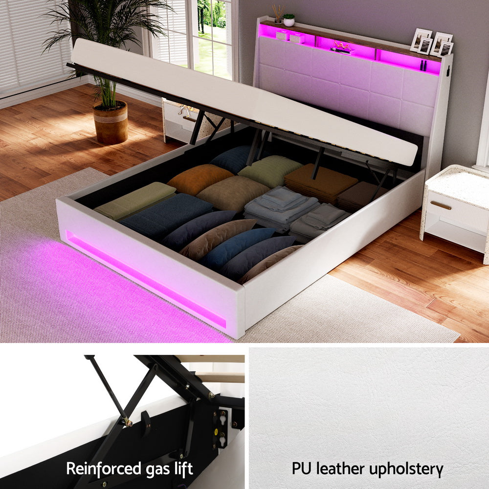 Artiss Bed Frame Gas Lift LED Beds Base Platform White PVC Leather Storage Headboard - Queen