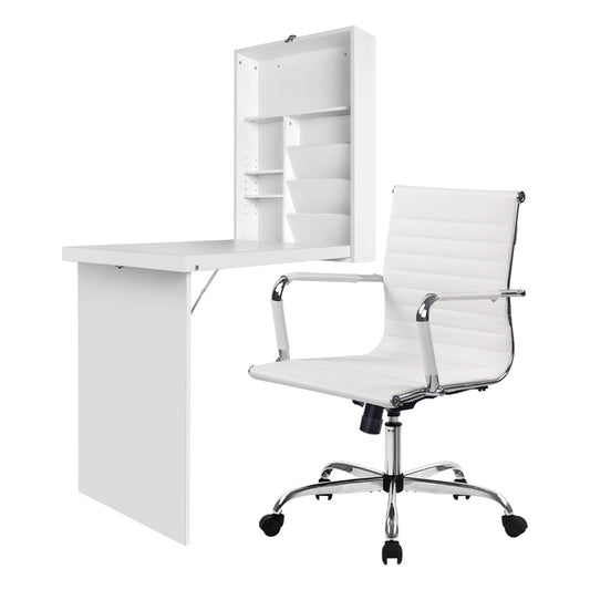 Artiss Computer Desk Office Chair Set PU Leather Wall Mount Foldable Table White