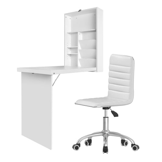 Artiss Computer Desk Office Chair Set PU Leather Wall Mount Foldable Table White