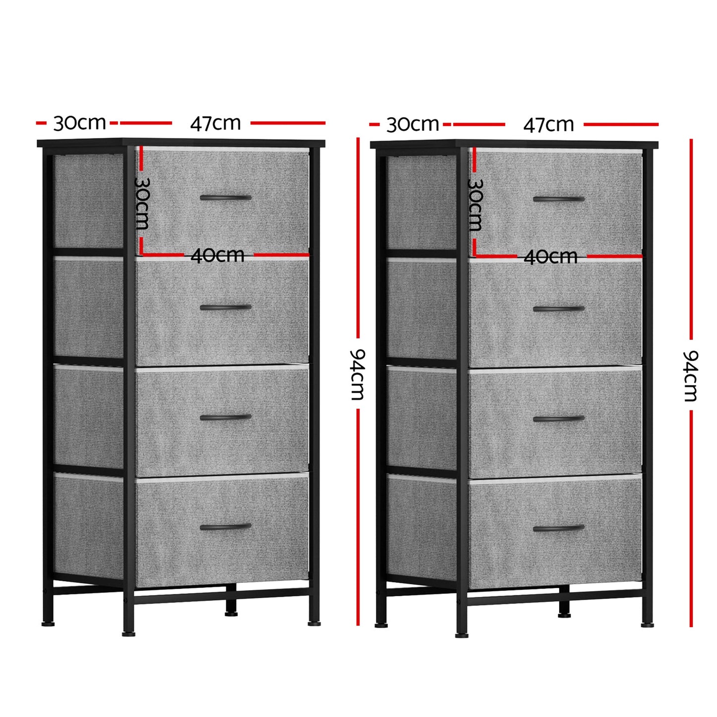 Artiss Set of 2 Chest of 4 Drawers Storage Dresser Tallboy Grey