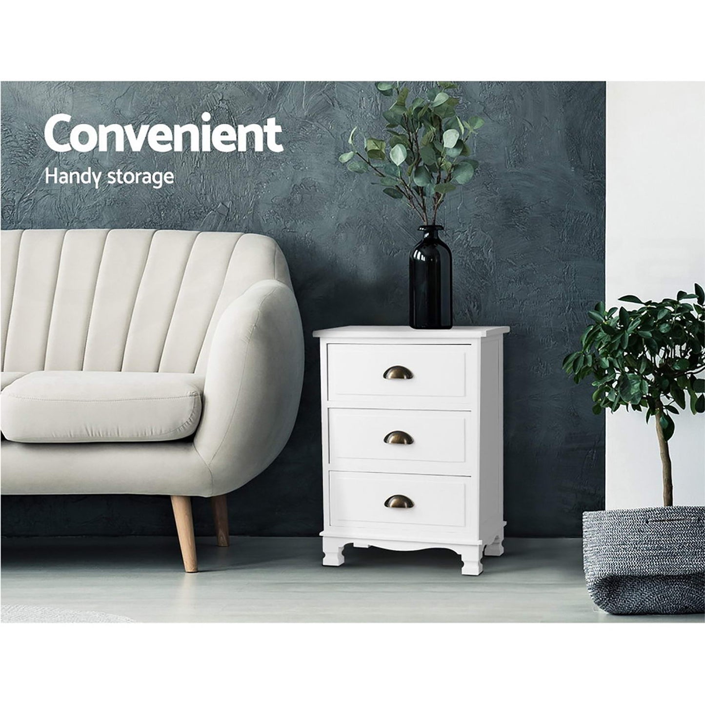 Artiss 2x Bedside Table 3 Drawers Vintage - THYME White