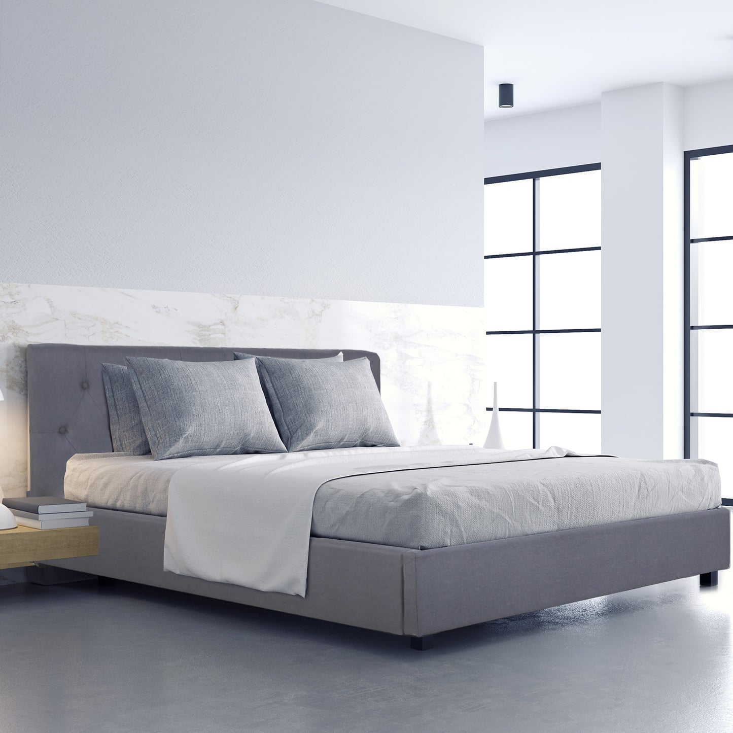 Milano Capri Luxury Gas Lift Bed Frame Base And Headboard With Storage - King Single - Grey