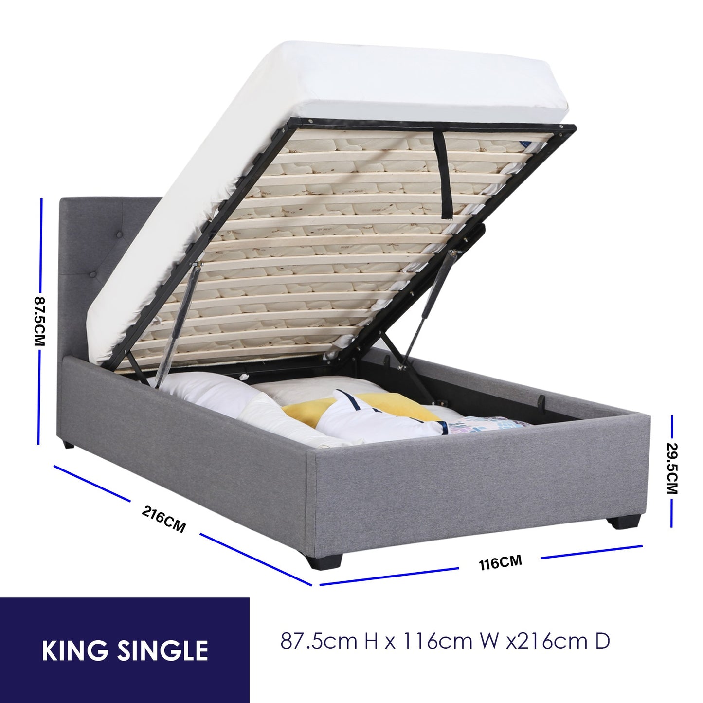 Milano Capri Luxury Gas Lift Bed Frame Base And Headboard With Storage - King Single - Grey