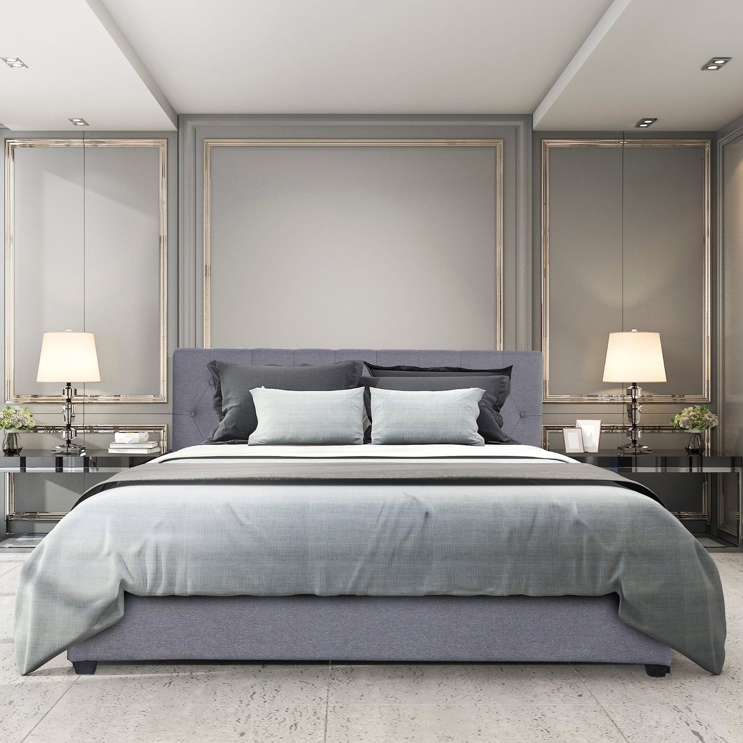 Milano Capri Luxury Gas Lift Bed Frame Base And Headboard With Storage - King Single - Grey