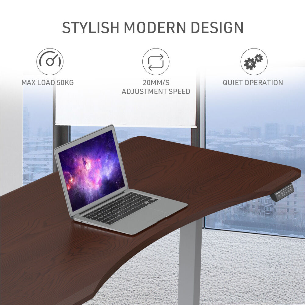 FORTIA Sit To Stand Up Standing Desk, 150x75cm, 72-118cm Electric Height Adjustable, Ergonomically Curved Edge, 50kg Rated, Walnut Style/Silver Frame