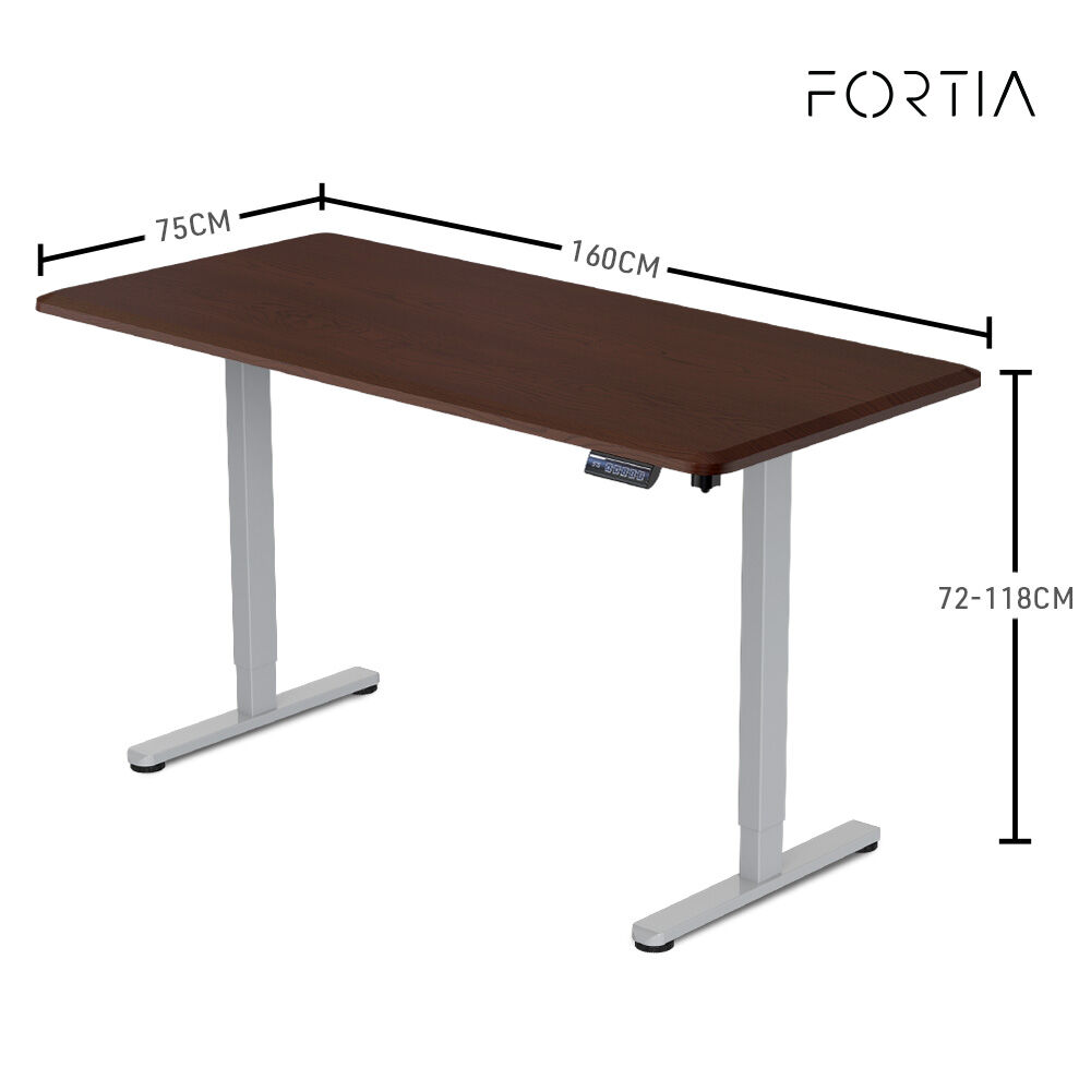 FORTIA Sit To Stand Up Standing Desk, 160x75cm, 72-118cm, Height Adjustable, 50kg Rated, Walnut Style/Silver Frame