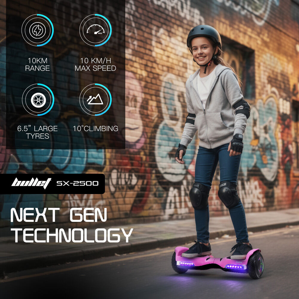 BULLET SX-2500 Hoverboard Scooter, 500W Brushless, UL Certified, AU Compliant, 6.5-inch Off-Road Style Tyres, Superior Self Balancing System, LED Lights, Pink