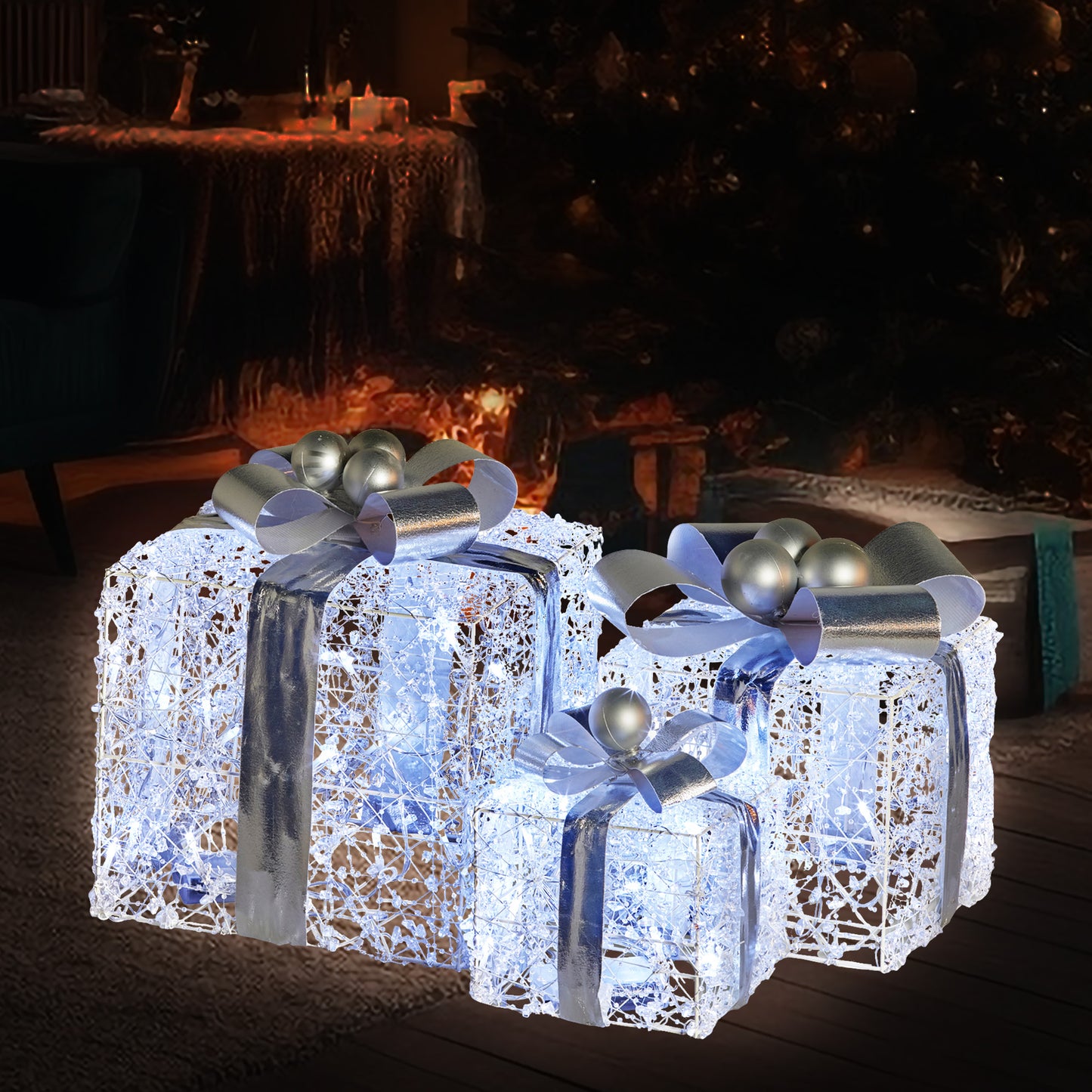Christabelle Swishmas Set Of 3 Christmas Gift Boxes With Lights With Jewelled Wire And Silver Bows
