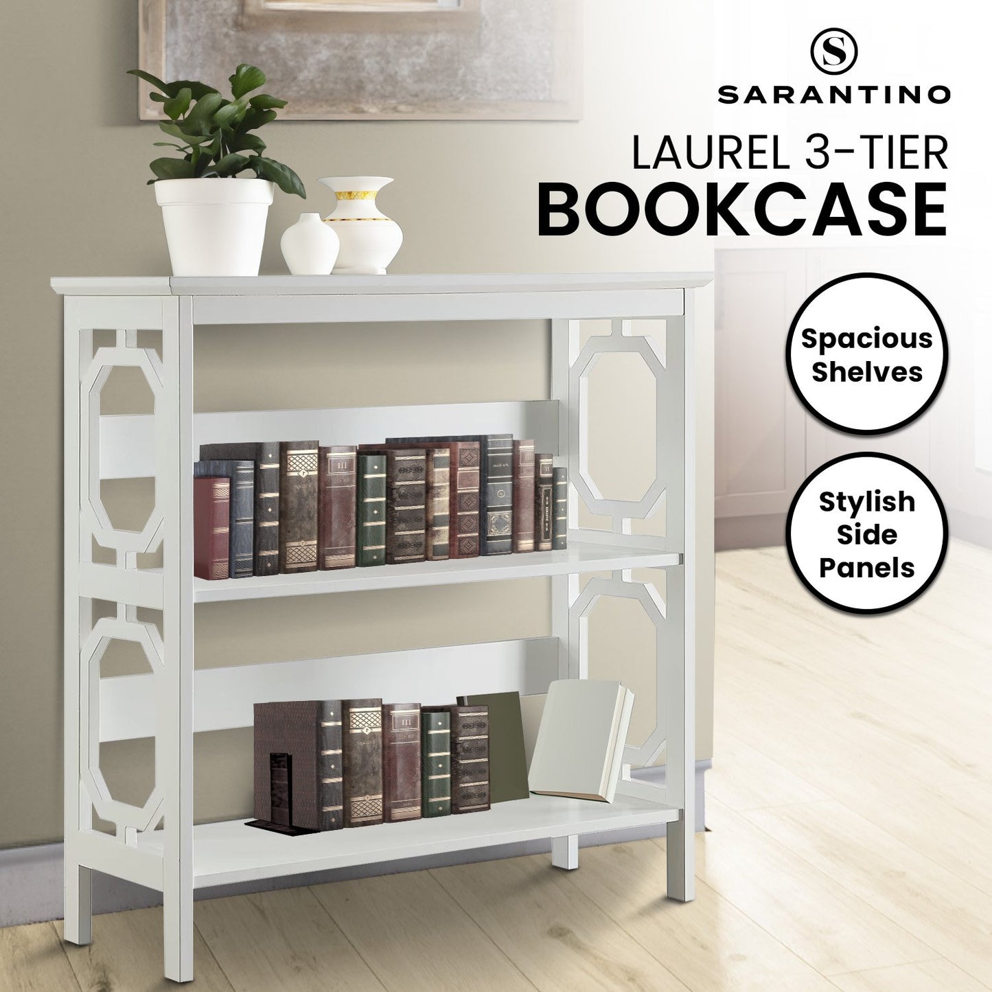Sarantino Laurel 3-Tier Bookshelf Display Rack in White