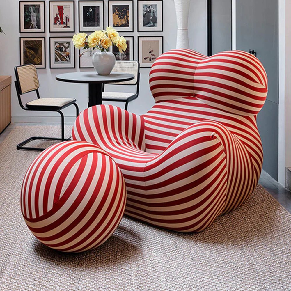 BAM Retro Up Lounge Chair Ball and Chain Accent Chair with Ottoman Striped Upholstery High-Density Foam Red