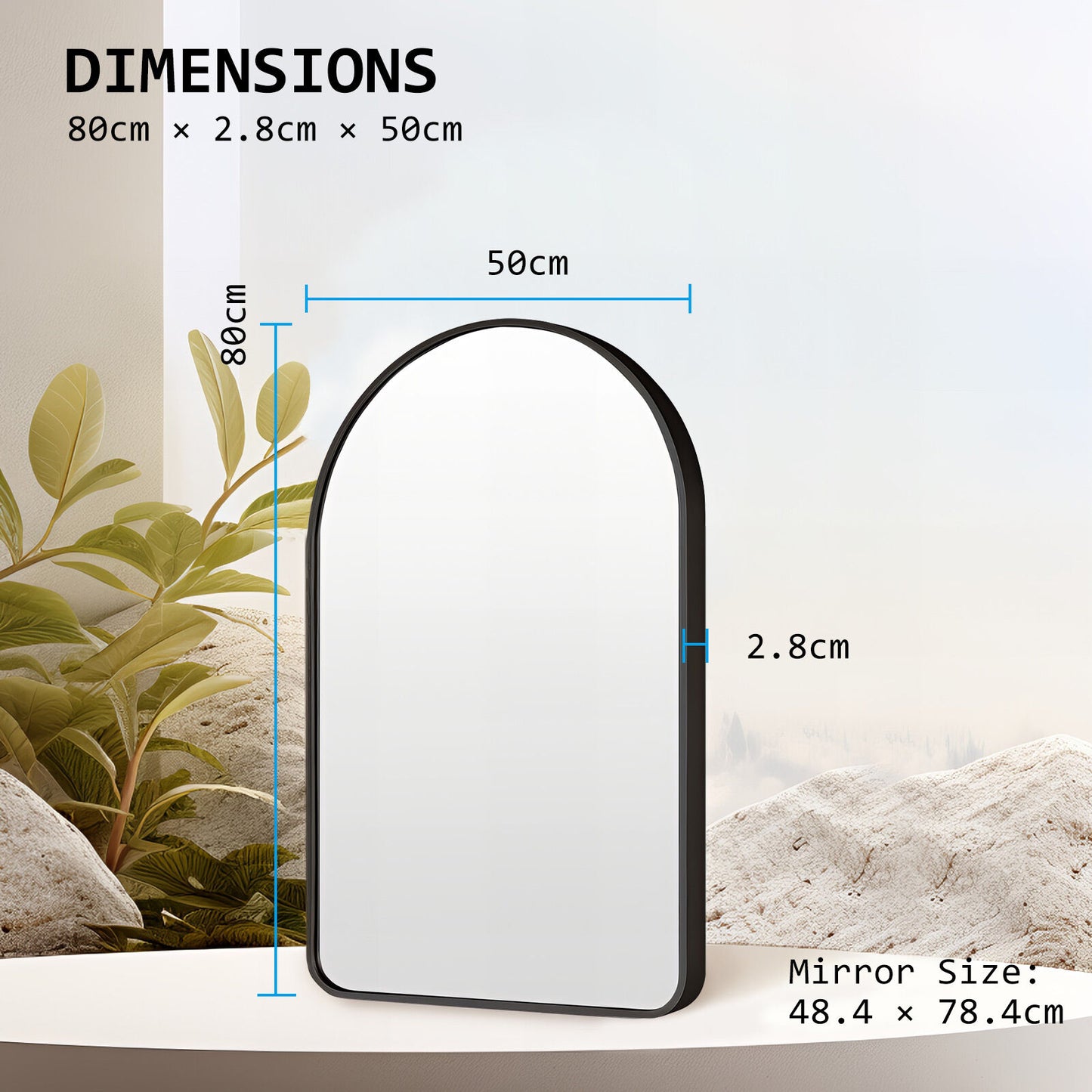 2 Set Wall Arch Mirror Arc Aluminum Frame Bathroom 50x80cm BLACK