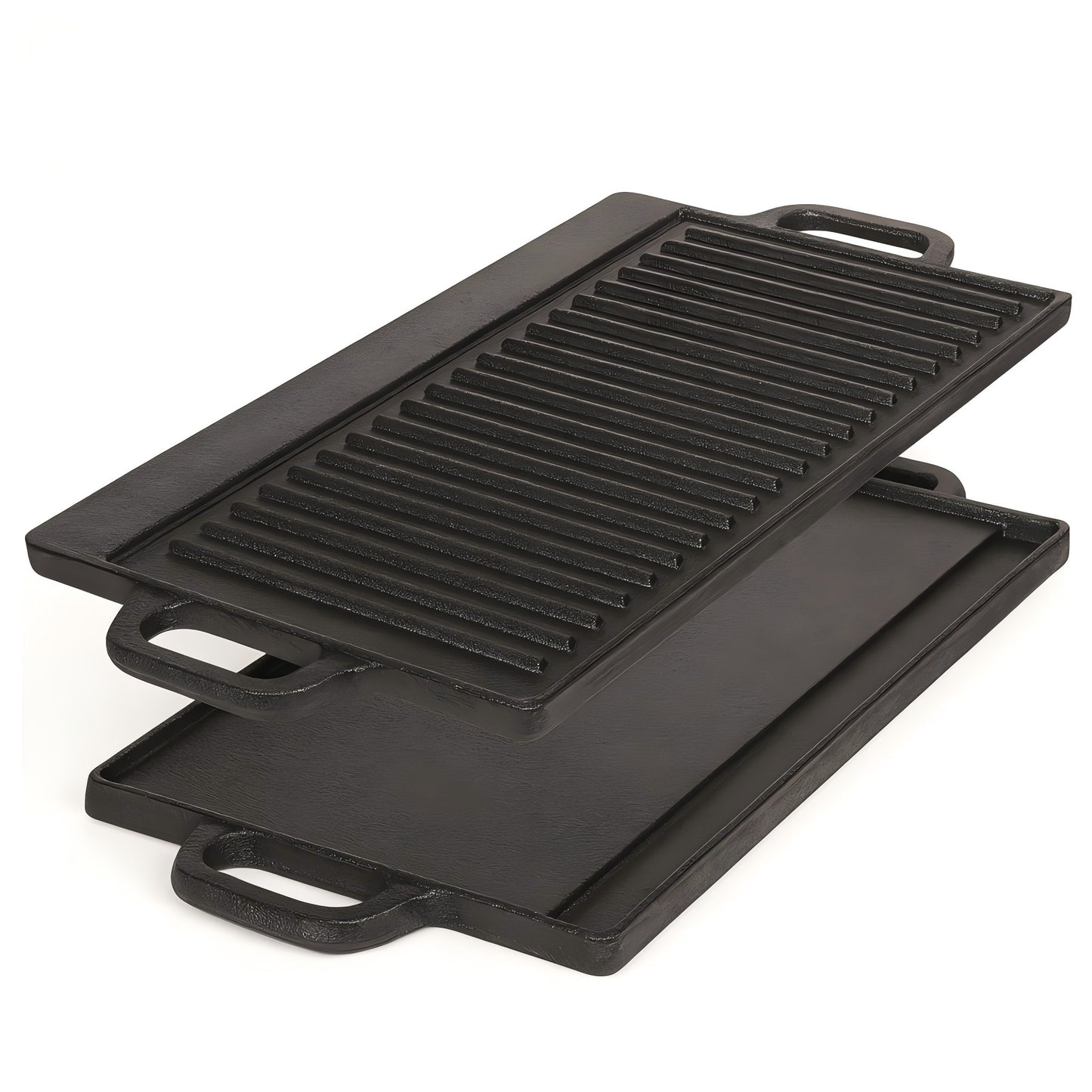 50 cm Reversible Cast Iron Grill & Griddle -Dual-Sided (Flat & Ribbed), Pre-Seasoned, Handles, for Stove-Top & Outdoor Use