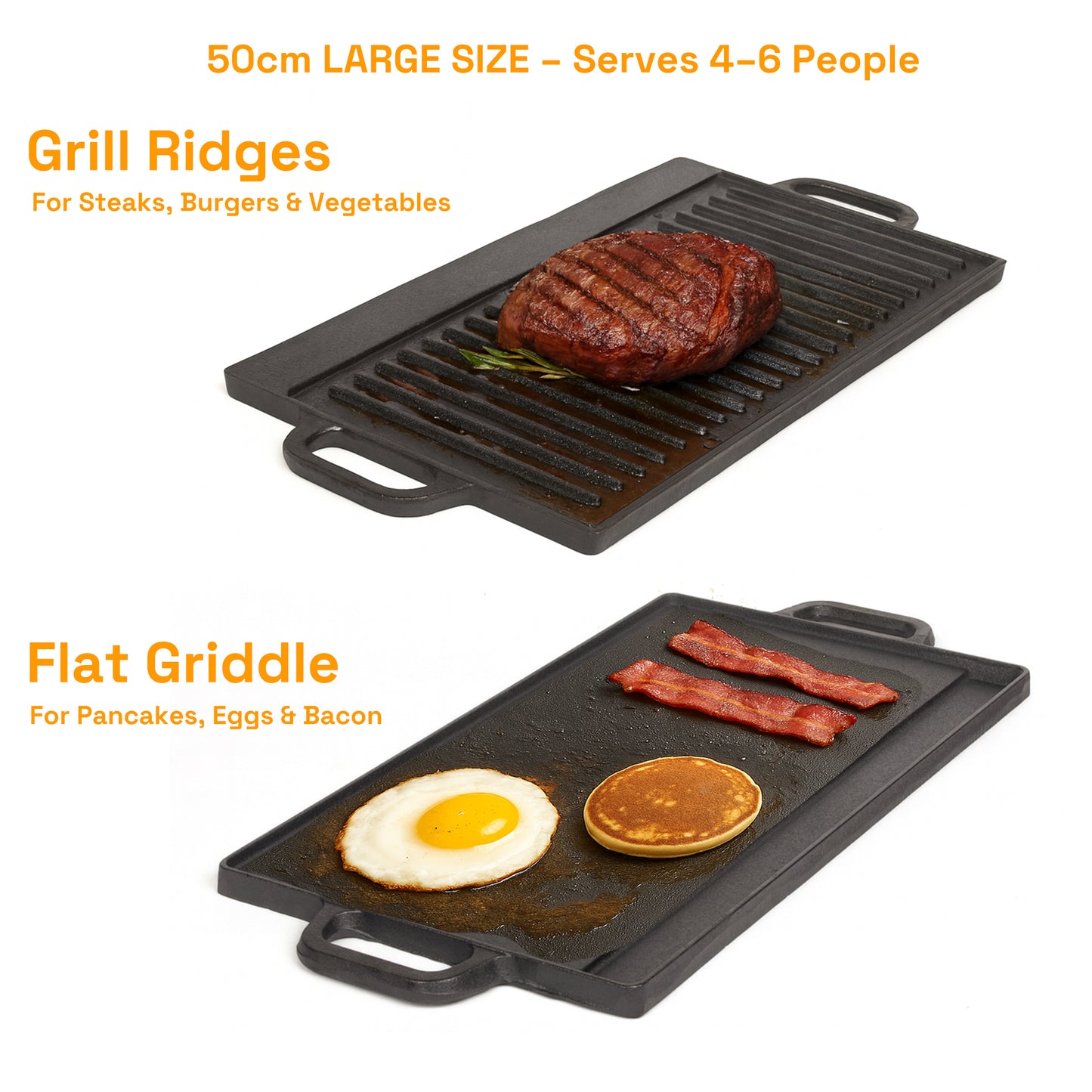 50 cm Reversible Cast Iron Grill & Griddle -Dual-Sided (Flat & Ribbed), Pre-Seasoned, Handles, for Stove-Top & Outdoor Use