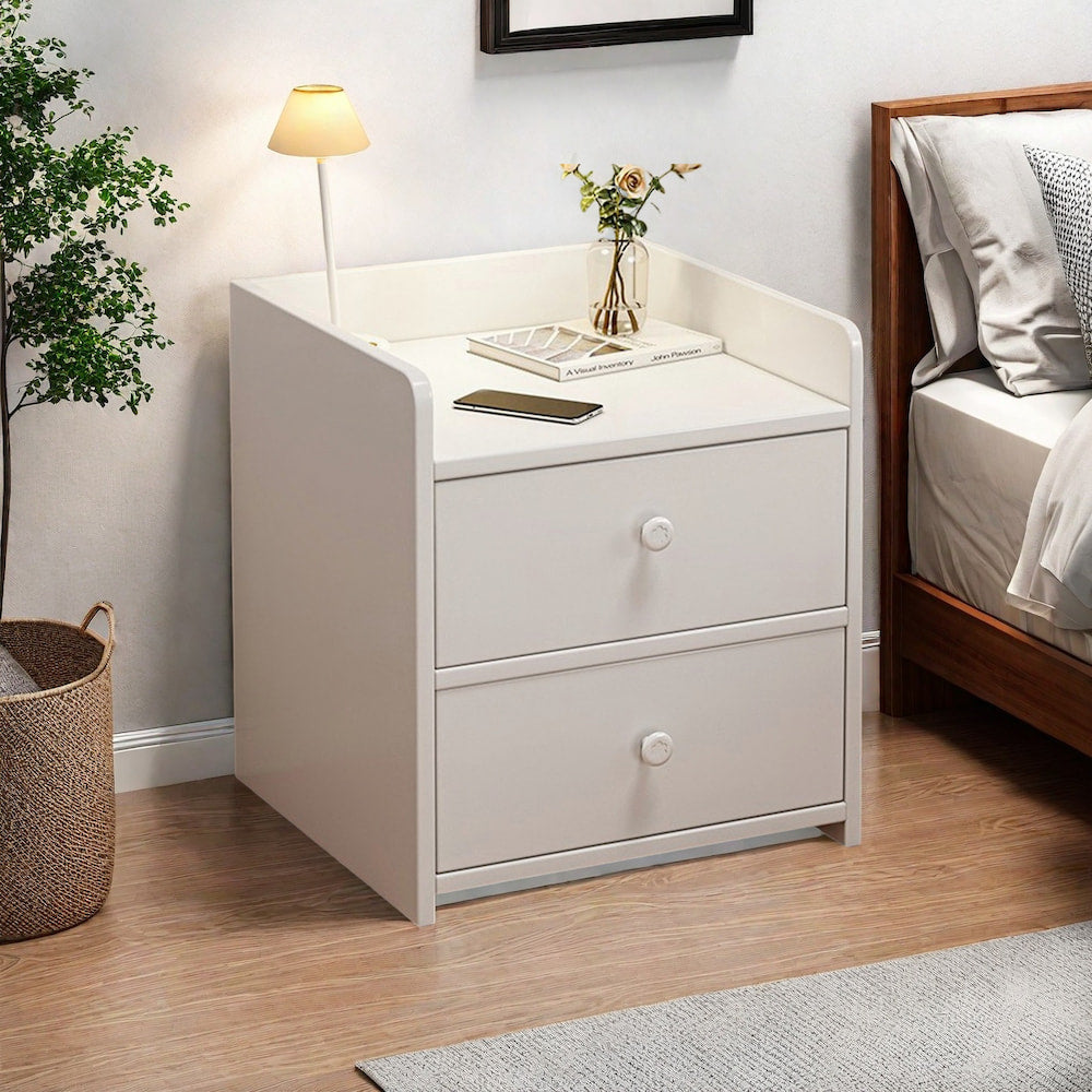 2x Bedside table set with drawers, minimalist design, white finish, modern style