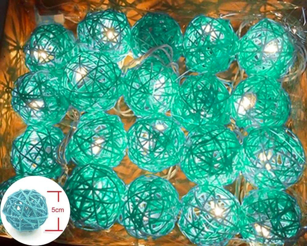 1 Set of Turquoise Blue 5cm Rattan Cane 50 Ball Battery Powered LONG 5m String Lights Christmas Gift Home Wedding Party Bedroom Decoration Table Centrepiece