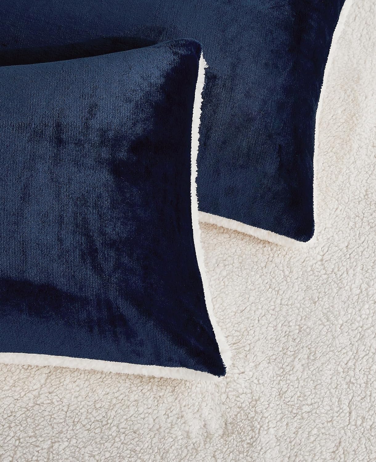 Teddy Sherpa Twin-Pack European Pillowcases - Soft Reversible Velvet & Sherpa Cushion Covers - Machine Washable with Zipper Closure - 65x65cm - Navy Blue