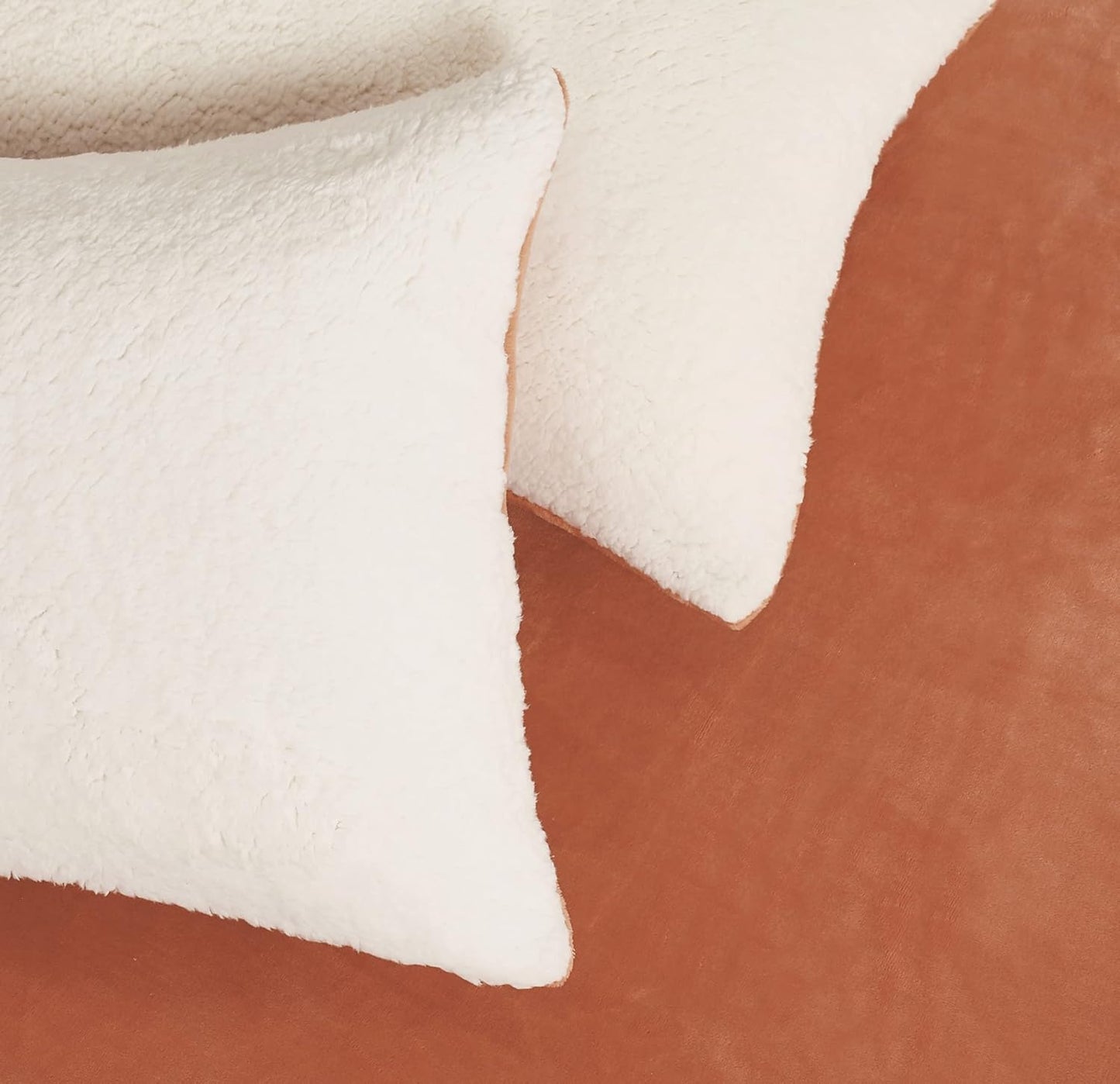 Teddy Sherpa Twin-Pack European Pillowcases - Soft Reversible Velvet & Sherpa Cushion Covers - Machine Washable with Zipper Closure - 65x65cm - Terracotta