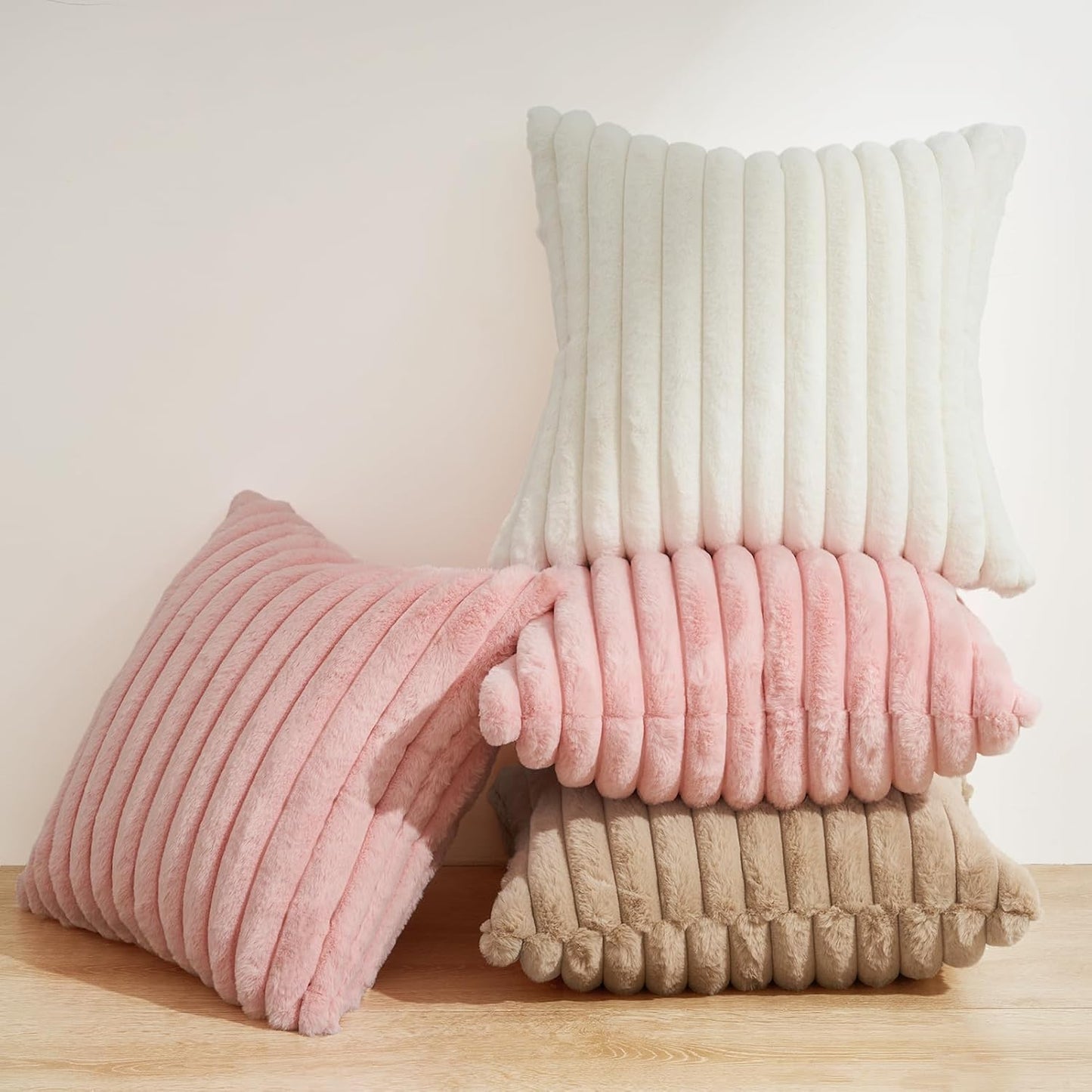 Faux Fur Cushion Covers - Chunky Embossed Flannel with Hidden Zipper - Snow, 45cm x 45cm (Pack of 2)