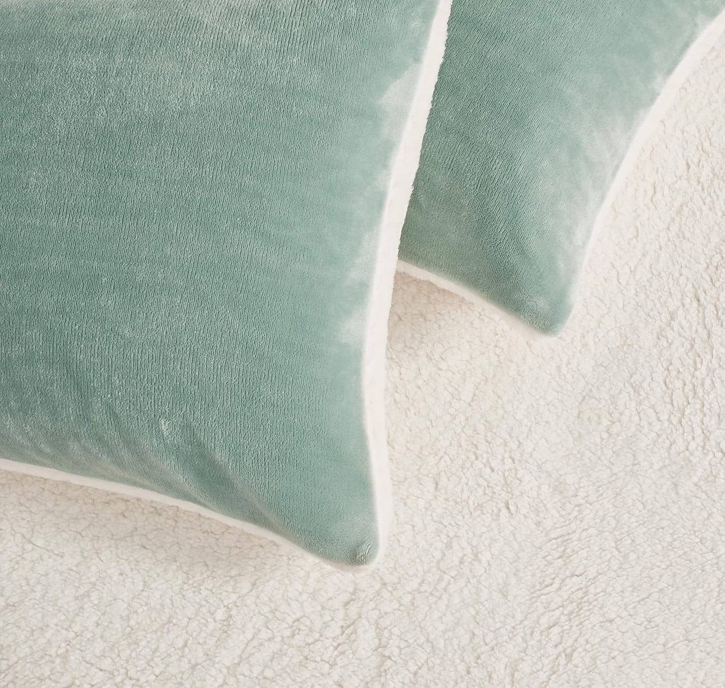 Teddy Sherpa Twin-Pack Standard Pillowcases - Soft Reversible Velvet & Sherpa Cushion Covers - Machine Washable with Zipper Closure - 48x73cm - Sage Green