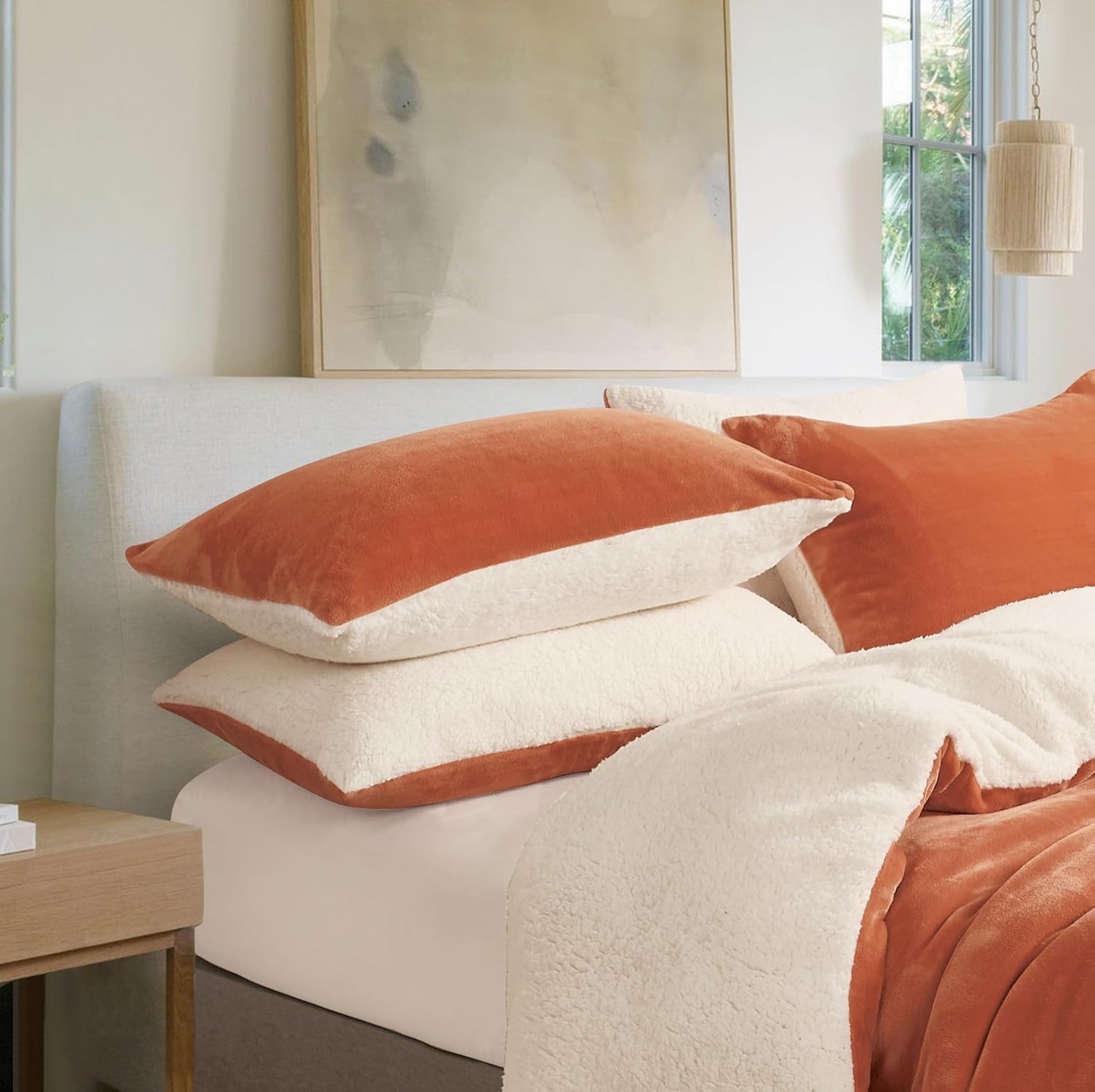 Teddy Sherpa Twin-Pack Standard Pillowcases - Soft Reversible Velvet & Sherpa Cushion Covers - Machine Washable with Zipper Closure - 48x73cm - Terracotta