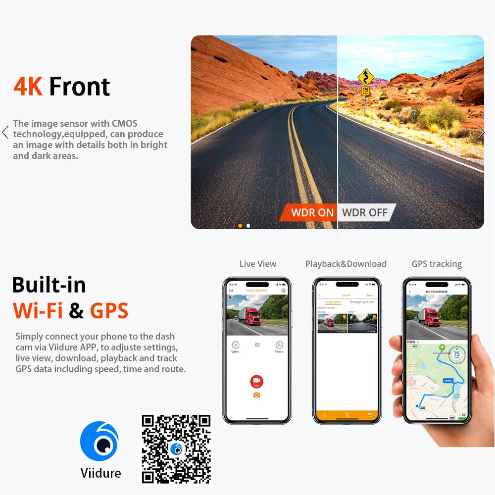 4K+2.5K Dual Dash Cam with WiFi GPS ADAS, Front and Rear Car Camera Recorder with 32GB Card