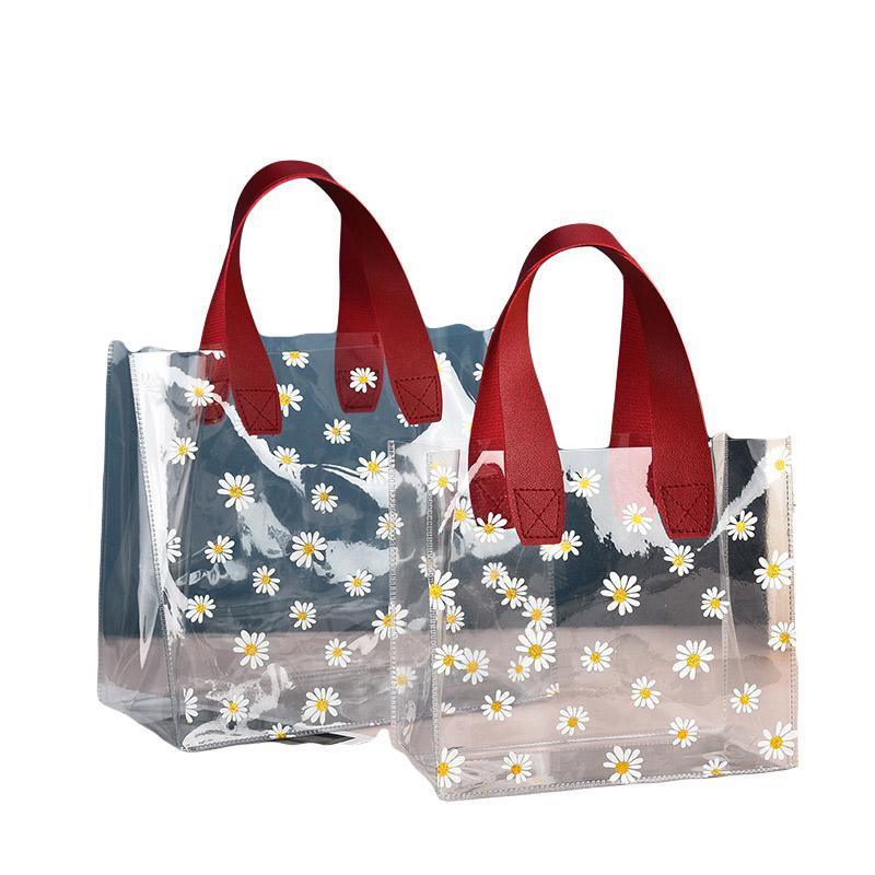 10pcs Small Fresh Transparent PVC Tote Bag Wedding Candy Gift Bag Daisy Design - Beige - L
