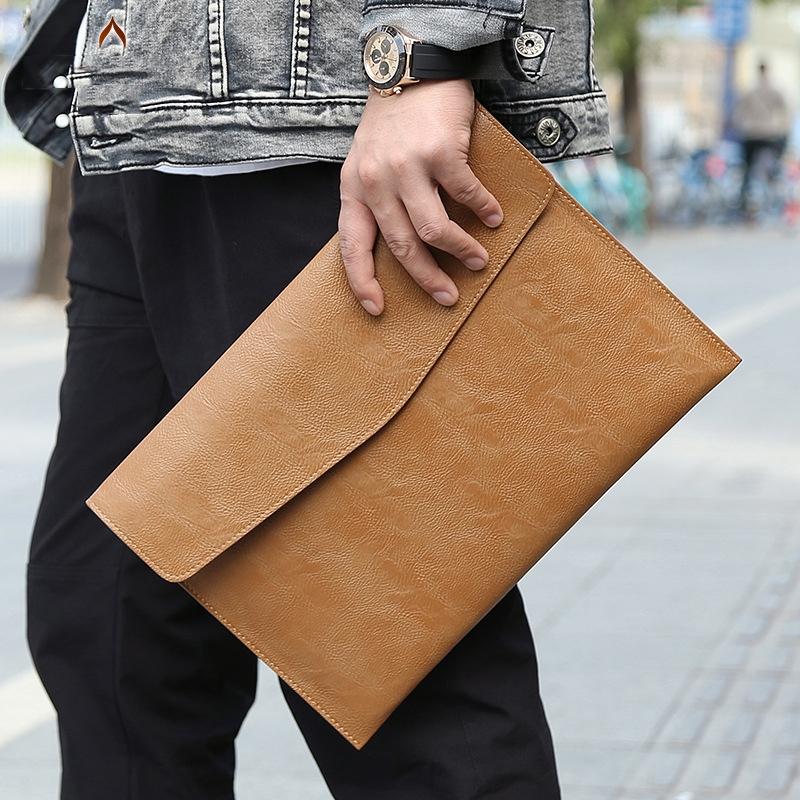 13.3 Inch Litchi Pattern Leather Laptop Sleeve - Dark Brown