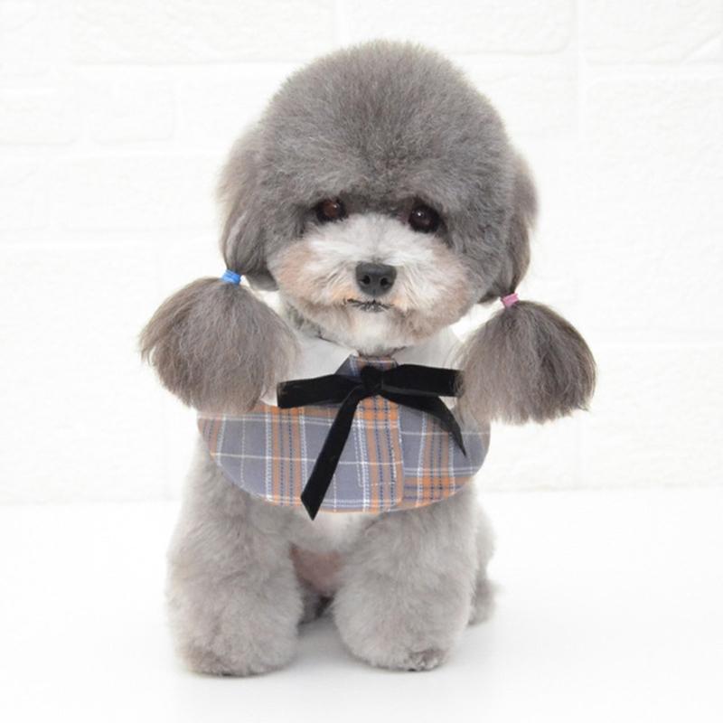 Dog Shawl Small Cloak Pet Bow Ttie Saliva Towel Pet Accessories - Size L - Navy Blue Grid