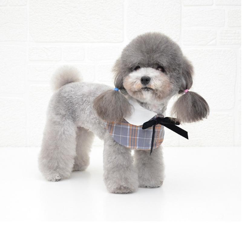 Dog Shawl Small Cloak Pet Bow Ttie Saliva Towel Pet Accessories - Size L - Navy Blue Grid