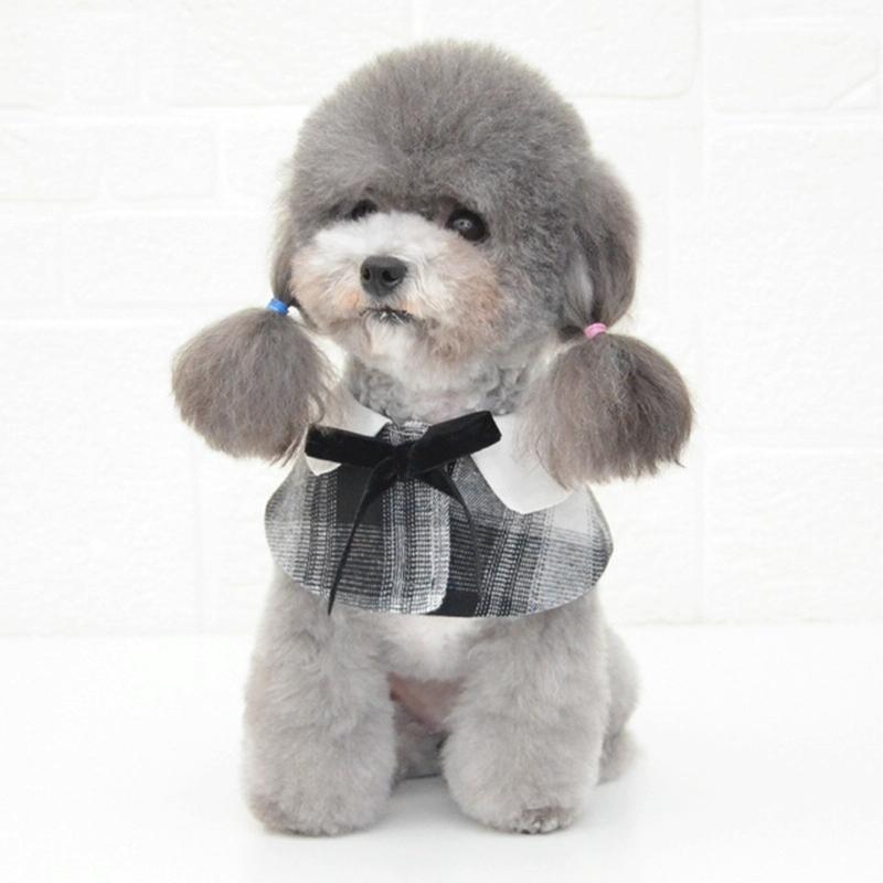Dog Shawl Small Cloak Pet Bow Ttie Saliva Towel Pet Accessories - Size L - Navy Blue Grid