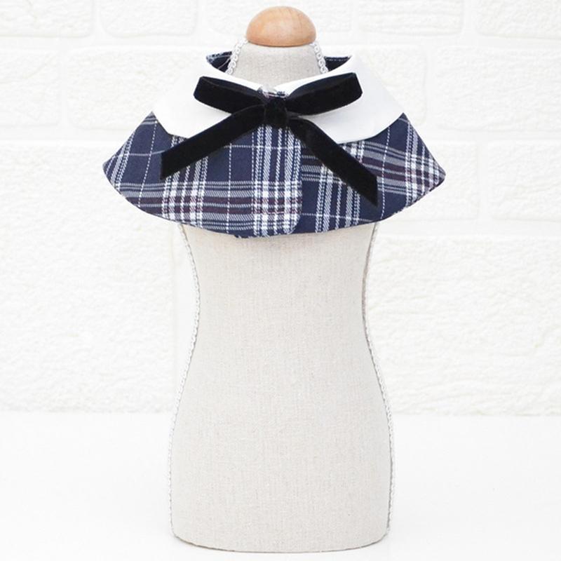 Dog Shawl Small Cloak Pet Bow Ttie Saliva Towel Pet Accessories - Size L - Navy Blue Grid