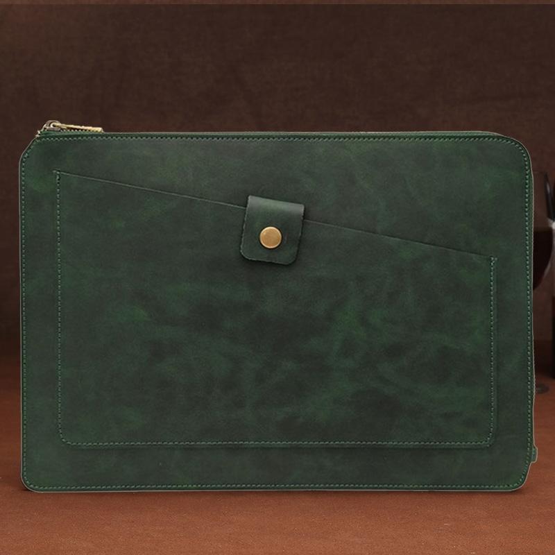 Leather Laptop Tablet Bag with Zipper for Macbook Samsung Sony Dell Alienware Chuwi Asus Hp - Dark Green