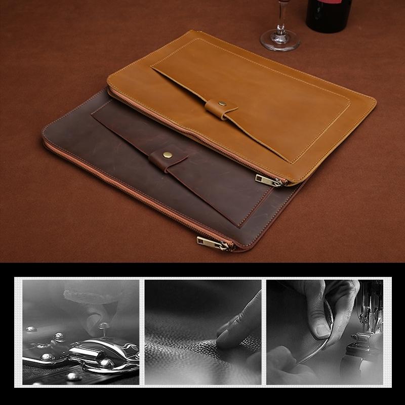 Leather Laptop Tablet Bag with Zipper for Macbook Samsung Sony Dell Alienware Chuwi Asus Hp - Dark Green