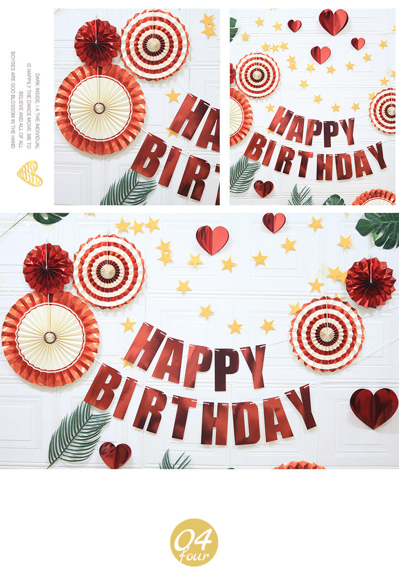 Happy Birthday Party Decoration Set - Fan Decorations, Hearts, Stars & Banner