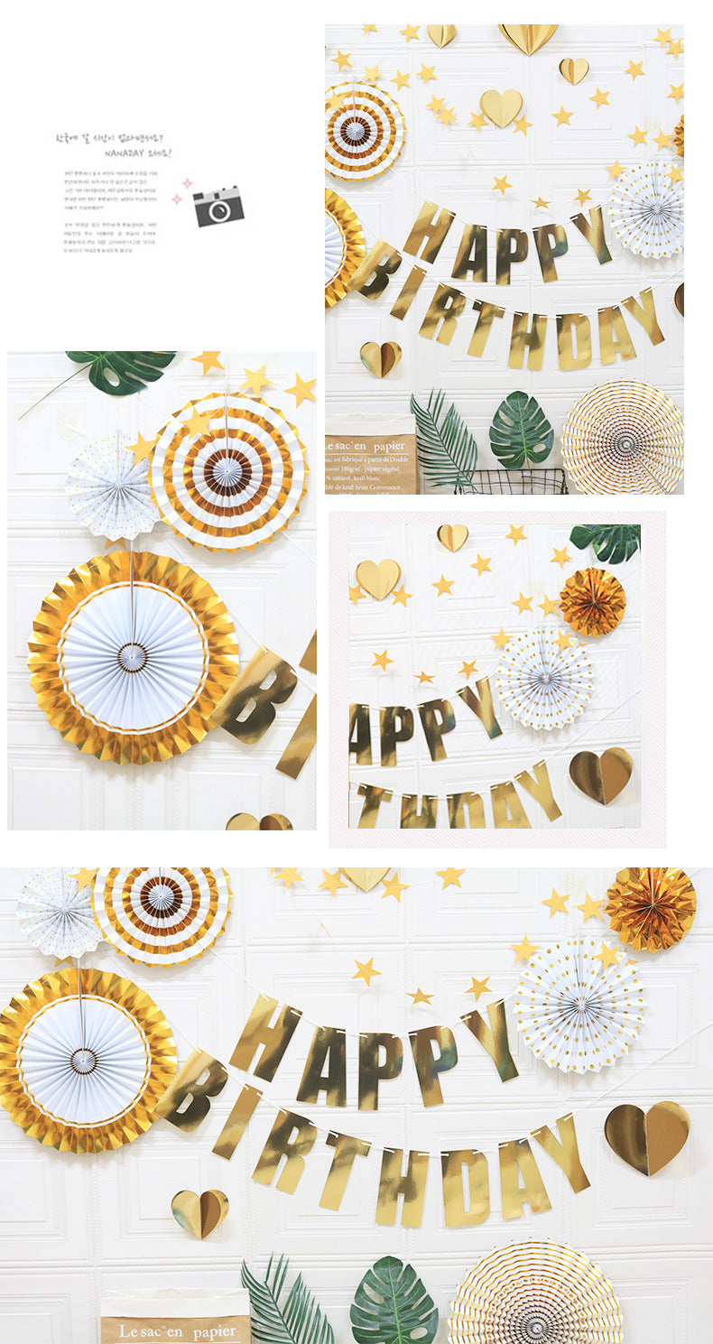 Happy Birthday Party Decoration Set - Fan Decorations, Hearts, Stars & Banner