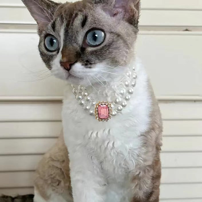 3-pcs Pink Diamond Double Strand Pearl & Rhinestone Pet Necklace - Luxury Collar for Cats & Dogs Size M (25-31CM)