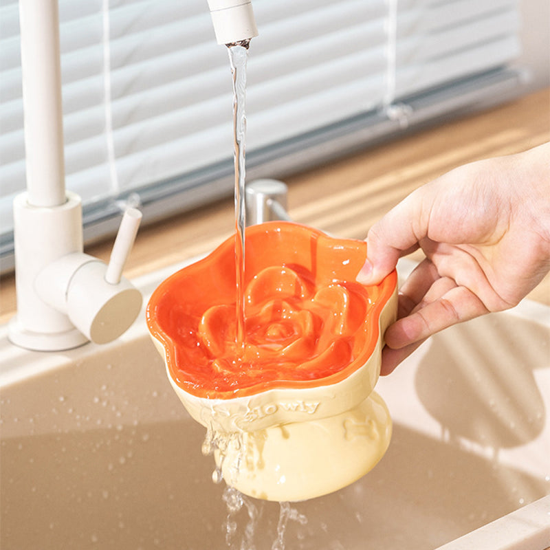 Green and Brown Ceramic Slow Feeder Pet Bowl for Cats and Small Dogs - Anti-Choke Elevated Design with 15-Degree Tilted Rim