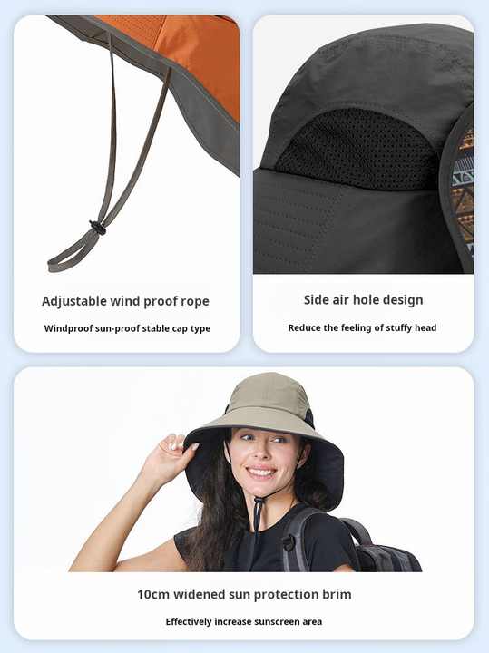 Grey Wide Brim Sun Hat with Cape - Foldable UV Protection - 10cm Brim