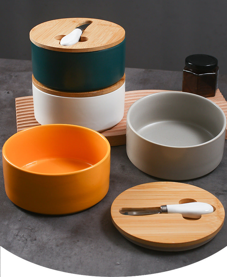 Green Nordic Ceramic Butter Dish with Knife - Airtight Cheese Container with Bamboo Lid, Kitchen Storage