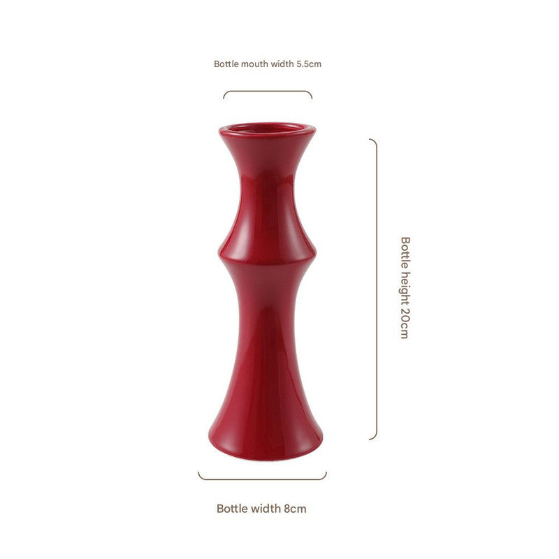 Glossy Red Ceramic Vase - Unique Bamboo-Look Design (20x8x5.5cm)