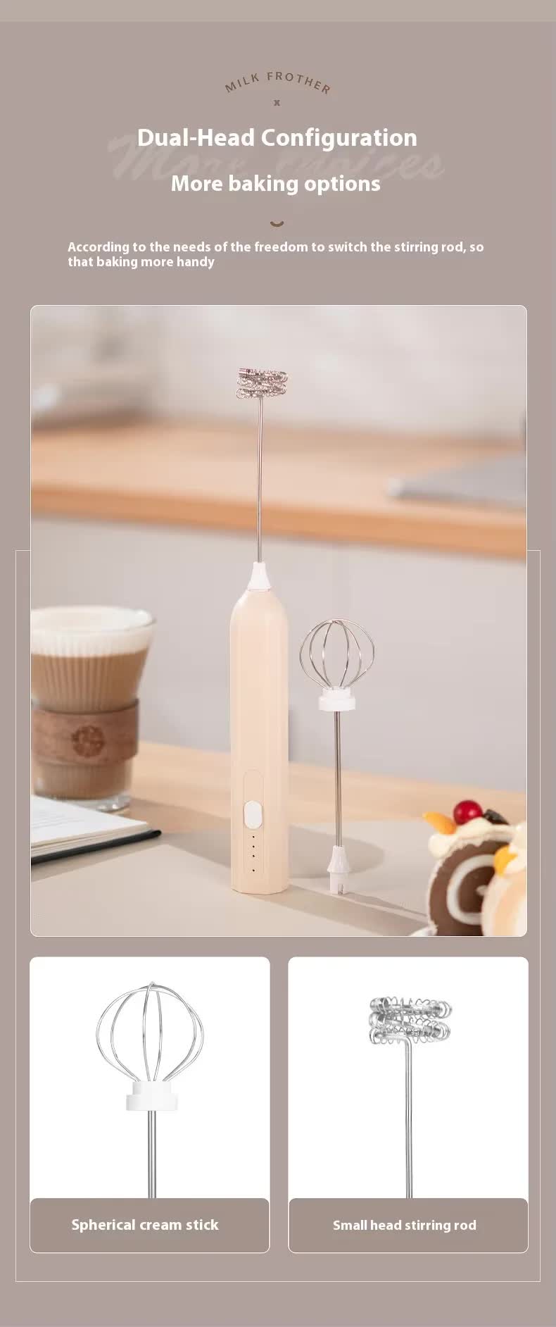 Apricot Mini Hand Mixer with Frother & Balloon Whisk Heads - Rechargeable Kitchen Tool