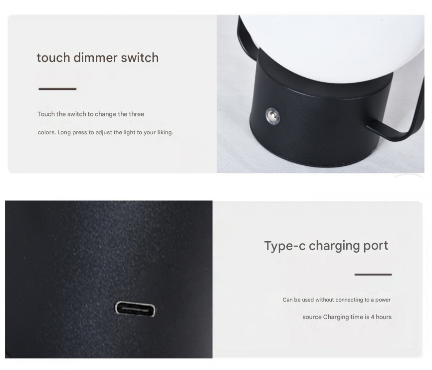 Black Portable Rechargeable LED Lantern Lamp - Touch Control 3-Color Dimmable Desk Light