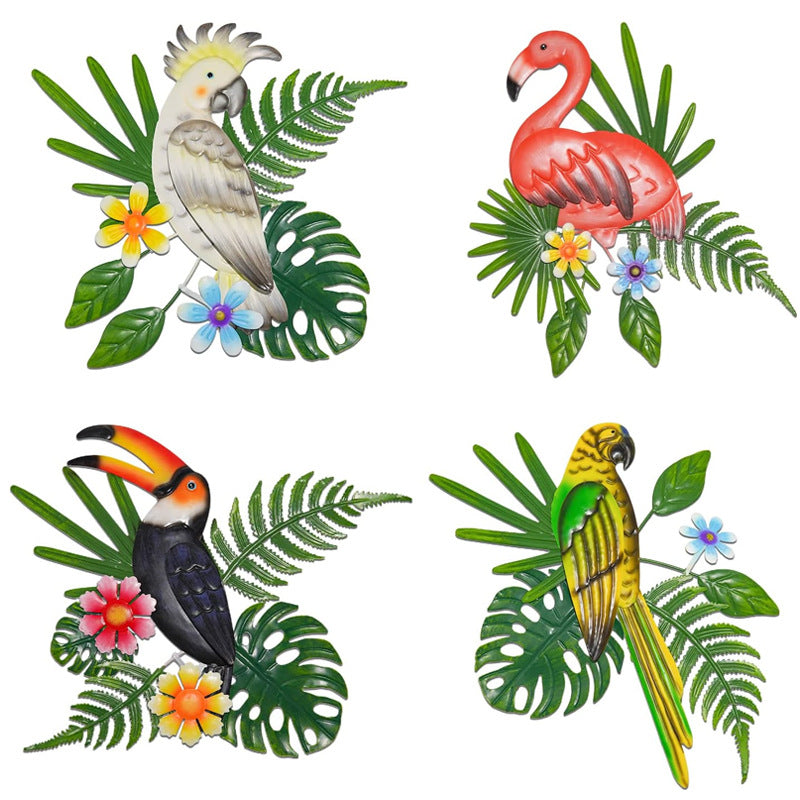 2 Pcs Grey And Green Vibrant Cockatoo Metal Wall Art - Tropical Leaves & Flowers Home Decor
