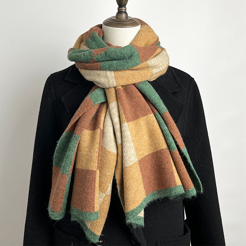 Brown,Khaki And Green Unisex Retro Checkered Knit Scarf - Soft Thick Winter Shawl Wrap
