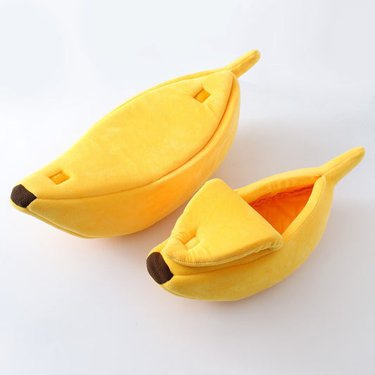 Yellow Cozy Banana Peel Pet Bed - Plush & Warm Cave House for Cats & Small Dogs (Medium)