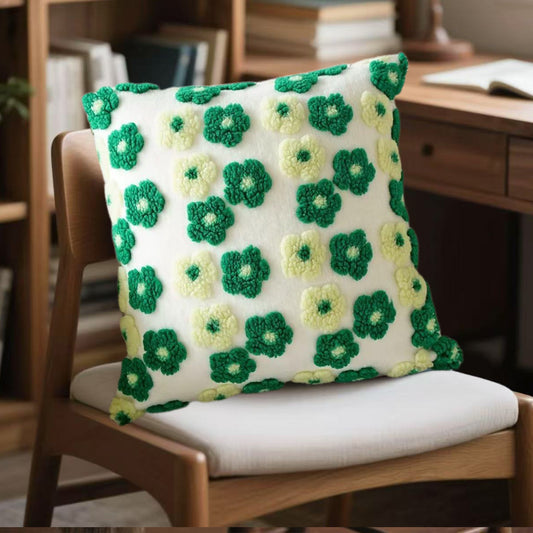 Green and Yellow Charming 3D Floral Plush Cushion Covers - Set of 4, 45x45cm Soft Faux Lambswool Pillowcases for Sofa & Bed Decor
