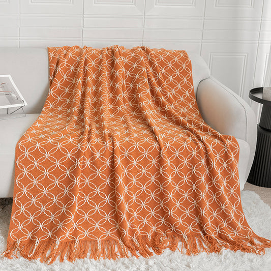 Orange Cozy Geometric Knitted Throw Blanket with Tassels - Soft Acrylic Decorative Sofa & Bed Cover, 130x180cm