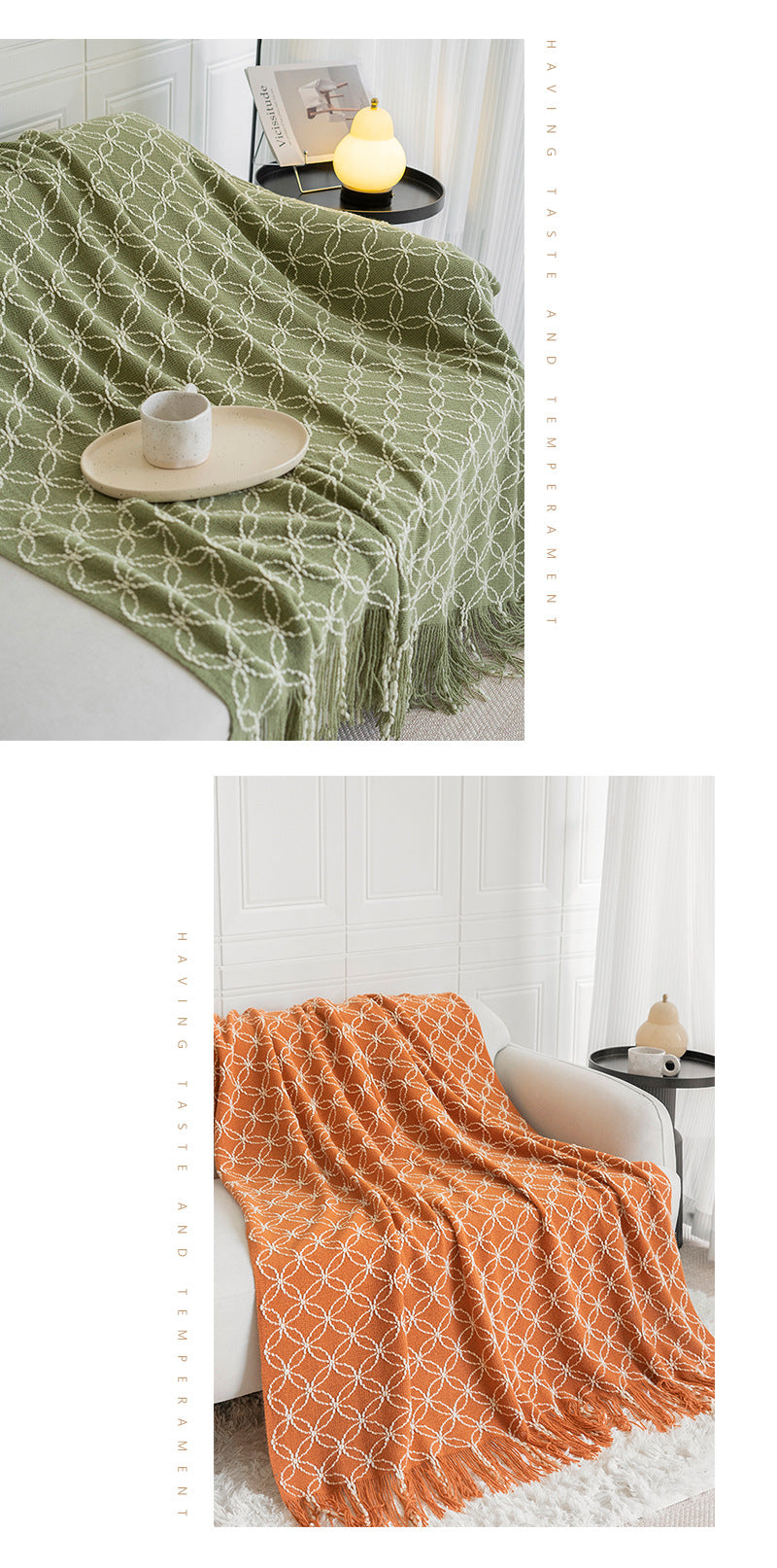 Dark Green Cozy Geometric Knitted Throw Blanket with Tassels - Soft Acrylic Decorative Sofa & Bed Cover, 130x180cm