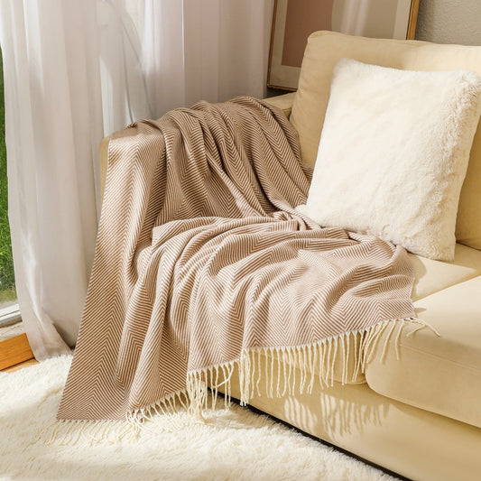 Khaki Elegant Herringbone Tassel Throw Blanket - Large Acrylic Faux Cashmere Soft Cozy Blanket for Sofa, Bed & Decor (130x240cm)