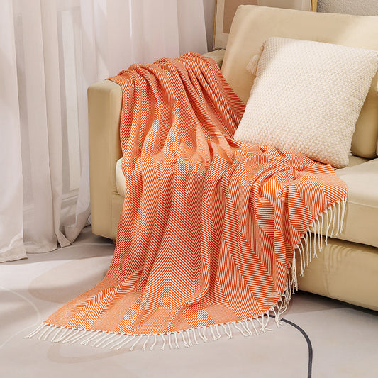 Orange Elegant Herringbone Tassel Throw Blanket - Large Acrylic Faux Cashmere Soft Cozy Blanket for Sofa, Bed & Decor (130x240cm)